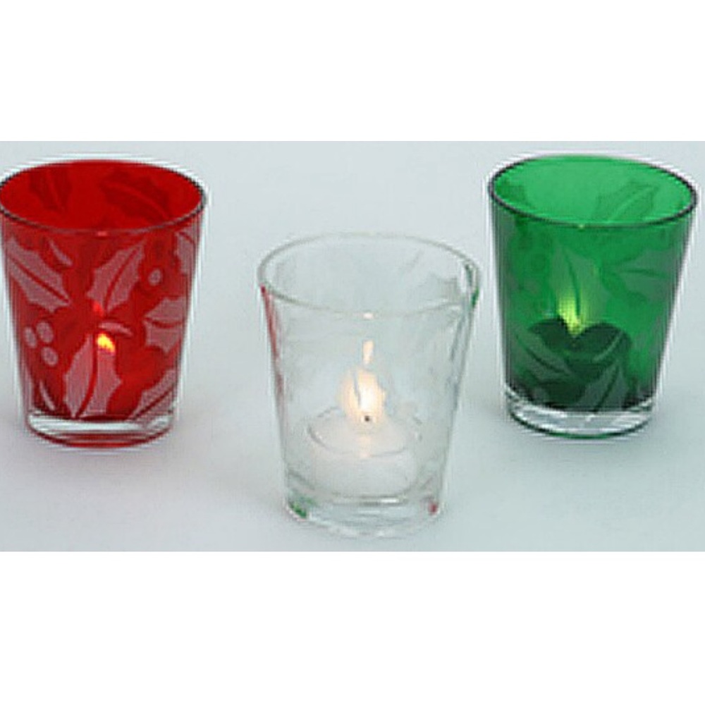 Set of 3 Frosted Etched Holly Leaf Glass Votive Tealight Candle Holders NEW